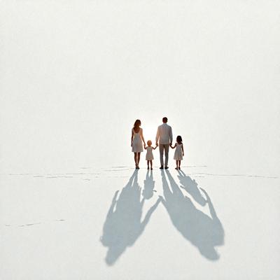 The primary subject of the image is a family consisting of a man, a woman, and two children. They are standing together on a snowy surface, possibly a beach or a snow-covered field. The visual style of the image is a photo, capturing the family's silhouettes against the white background. The colors and mood of the image are predominantly white, giving it a serene and peaceful atmosphere.